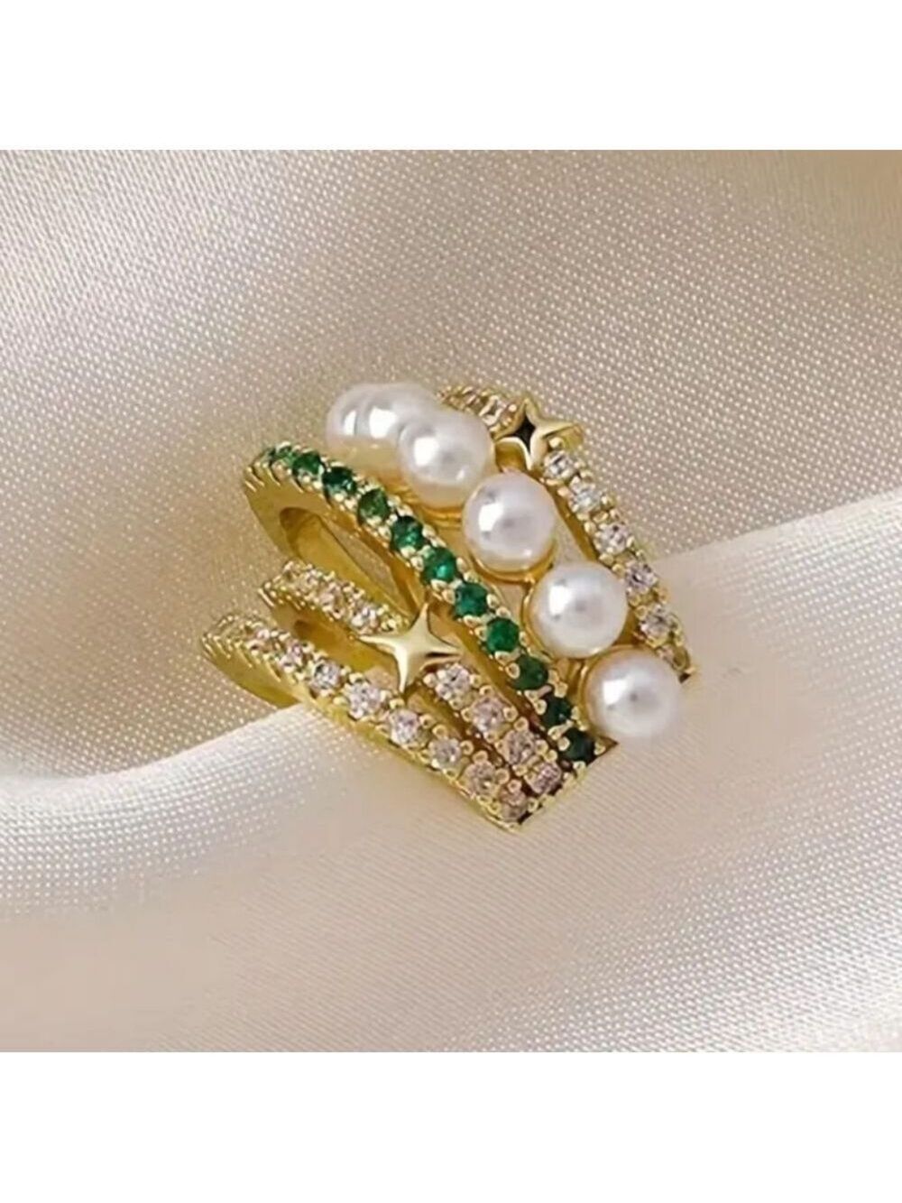 Star Faux Pearl Ear Cuff Earring Gold and Green Tone  with mini zircons 1 Pc